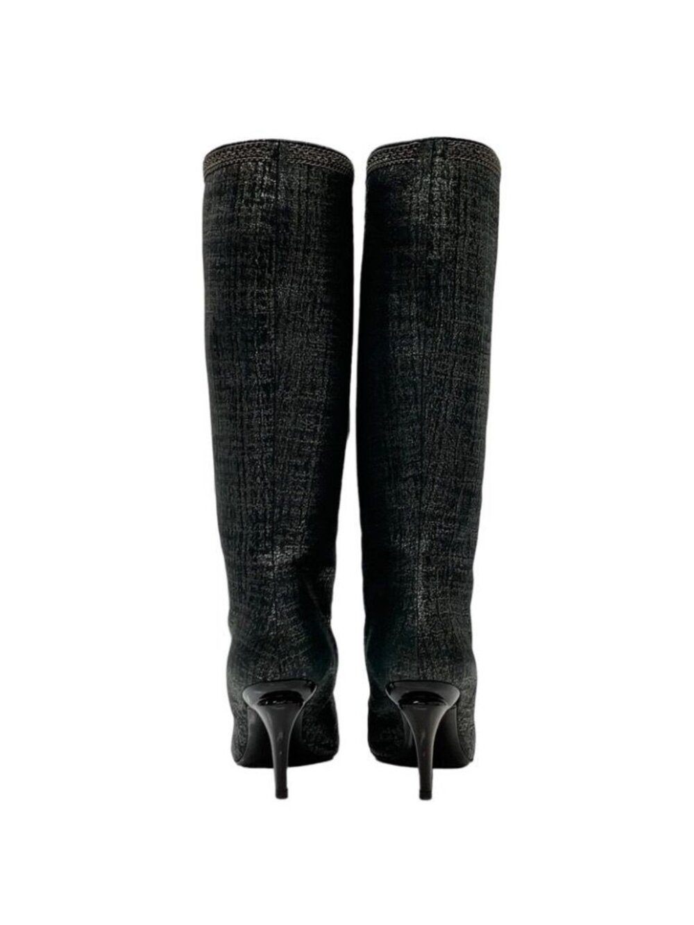 Chanel Boots Long Coco Mark Ribbon Chain Fabric Black - Picture 6 of 11